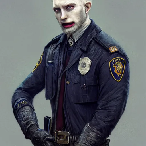 Image similar to portrait painting of a vampire police officer with pale skin short blond hair and a patchy beard, ultra realistic, concept art, intricate details, eerie, highly detailed, photorealistic, octane render, 8 k, unreal engine. art by artgerm and greg rutkowski