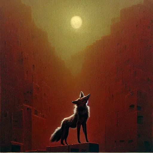 Image similar to a giant coyote stands over a city painting by beksinski, barlowe colors. masterpiece painting