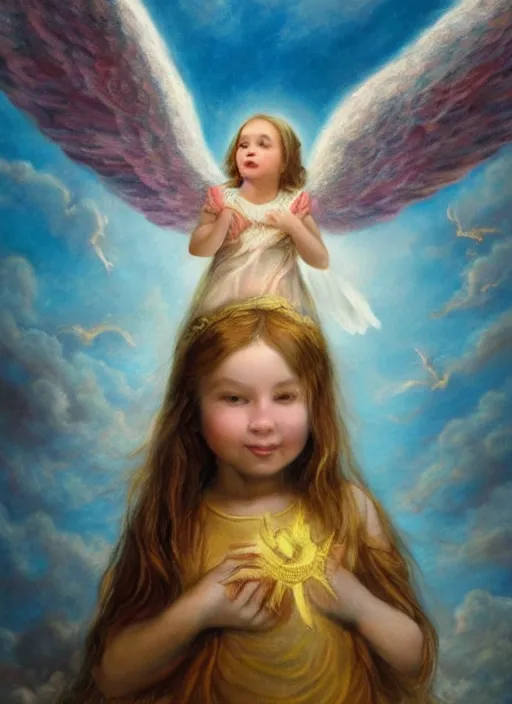 Image similar to a young girl holding the head of a monster, flying in the sky surrounded by angels, extremely realistic and highly detailed painting, soft light, gold ratio