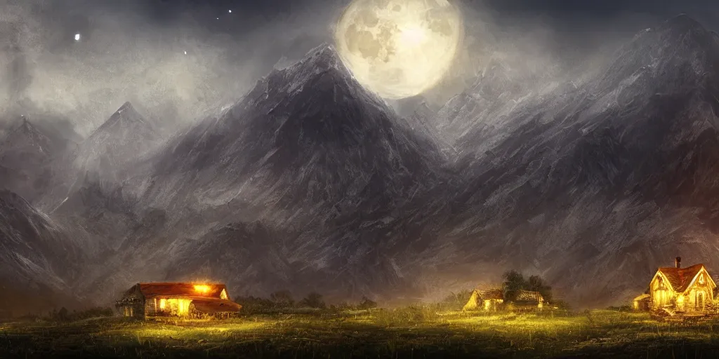 Image similar to Blood soaked fields with large mountains in the distance, small cottage in the foreground, nighttime, moon in the night sky, landscape wallpaper, d&d art, fantasy, painted, 4k, high detail, sharp focus