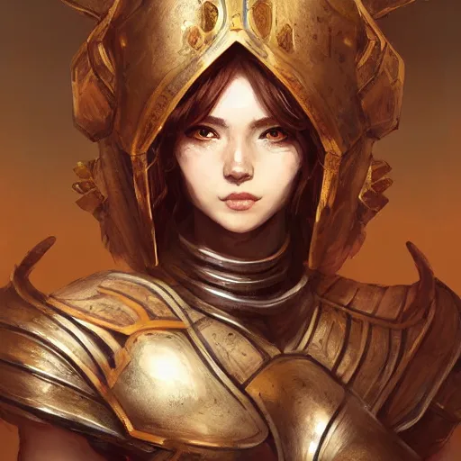 Image similar to portrait knights of Zodiac girl, golden and copper armor, in ruined ancinet Agora of Athens, ssci-fi, fantasy, intricate, very very beautiful, elegant, highly detailed, digital painting, artstation, concept art, smooth, sharp focus, illustration, art by WLOP and tian zi and artgerm