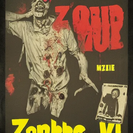 Image similar to old film poster zombie wearing vr, text reads zombie,!!!!!!!!! zombie!!!!!!!!!