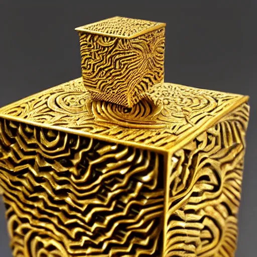 Image similar to hyper detailed sculpture out of carved golden metal cubes,