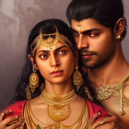 Prompt: portrait painting of dark muscular indian royal couple hugging from behind, ultra realistic, concept art, intricate details, eerie, highly detailed, photorealistic, octane render, 8 k, unreal engine. art by artgerm and greg rutkowski and alphonse mucha