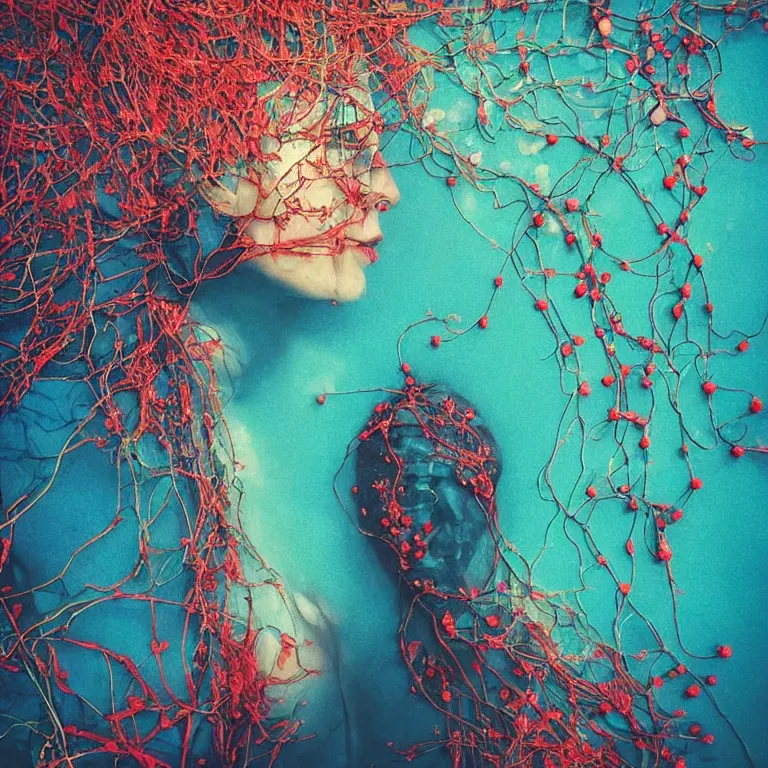 Prompt: human with the sea and the forest inside, veins diverge through the body like rivers filmed on a satellite, a person is decorated with wild berries, a beautiful bird is looking at him next, analytical art, art photography, colorful picture