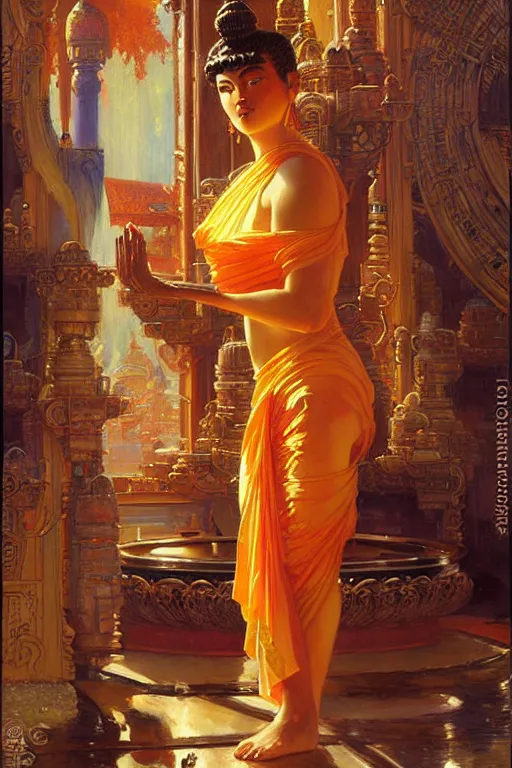 Image similar to buddhism, temple, futurism, painting by gaston bussiere, greg rutkowski, j. c. leyendecker, artgerm