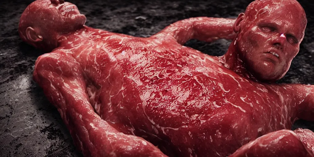 Prompt: a man made of meat, wet glistening, photorealistic, octane render, unreal engine, 6 k
