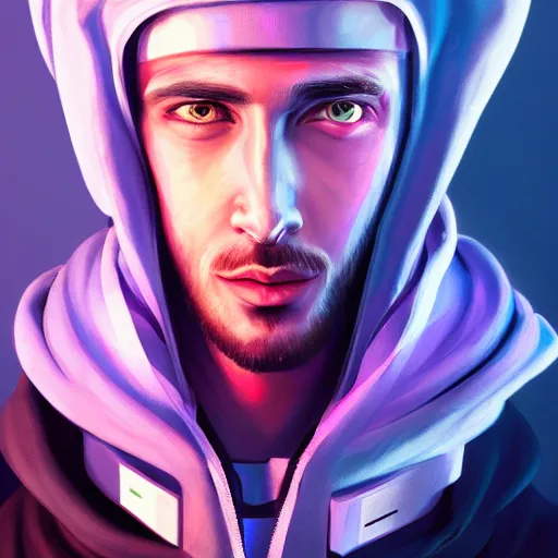 Image similar to a portrait of an ultradetailed futuristic male cyberpunk wearing a hoodie on his head, bearded, deep blue eyes, by dylan kowalski, 8 k, purple neon colours, digital painting, trending on artstation