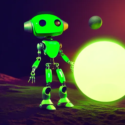 Prompt: an illustration of the full body of an alien robot with glowing green eyes in an unknown planet, hyperrealistic, octane render, 3D