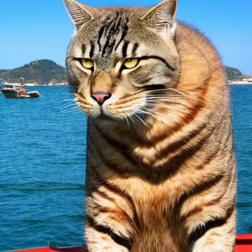 Image similar to A large cat on a small boat, cinematic, Funny, lots of detail, large island in the background out of focus,