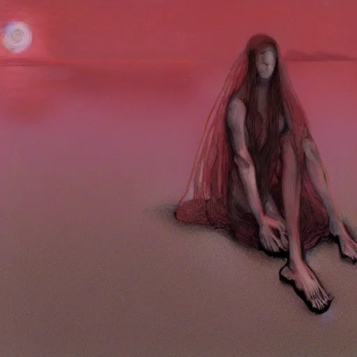 Prompt: portrait, shore of the lake, woman, wrapped around by veins, veiled, glowing red, by edgar maxence and ross tran, zdzisław beksinski, and michael whelan, distant, gustav dore, h. r. giger, 8 k, octane render