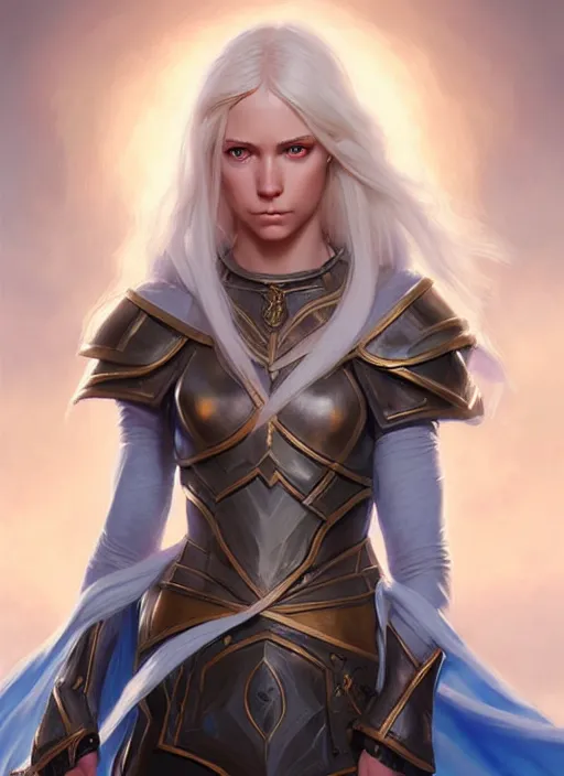 Image similar to a fantasy style portrait painting of shy white female paladin with blonde hair and blue eyes shy, scar under left eye, holy oil painting unreal 5 daz. rpg portrait extremely detailed artgerm greg rutkowski _ greg