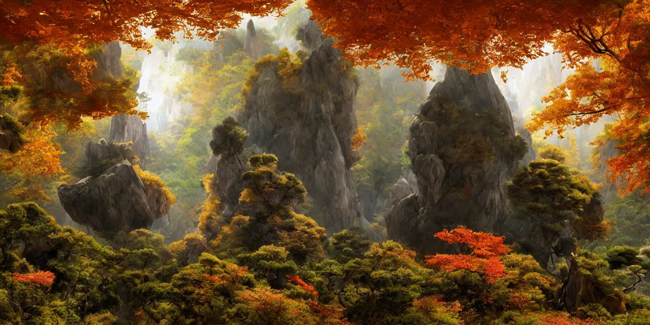 Image similar to huangshan with levitating stones in zero gravity, no trees, karst pillars forest, taoist temples and monks, human presence, artwork by ansel adams, odd nerdrum, hokusai, artstation, scifi, hd, wide angle, viewed from within a stone grotto, autumnal, sunset volumetric lighting