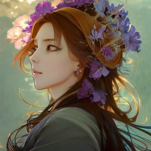 Image similar to a portrait of a spirit fox looking up as flower petals flow gently as a breeze blows them from left to right on a cloudy day with blue skies, art by artgerm and greg rutkowski and magali villeneuve and alphonse mucha and rossdraws and makoto shinkai, d & d, fantasy, highly detailed, digital painting, trending on artstation