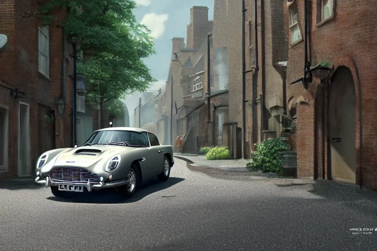 Prompt: a wholesome animation key shot of one focused shortened aston martin db 5, in a rich london mews residential street, waist height, medium range, studio ghibli, ( pixar ) and disney animation, sharp, very detailed, unreal engine 5 render, bloom, high resolution, anime key art by greg rutkowski