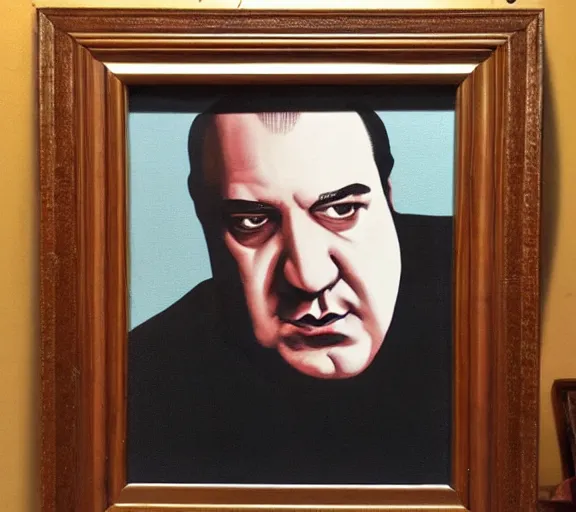 Image similar to framed portrait painting of tony soprano sitting at a mafia table