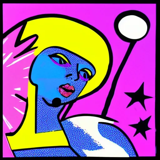 Prompt: pop art style of a riot dancing on the moon