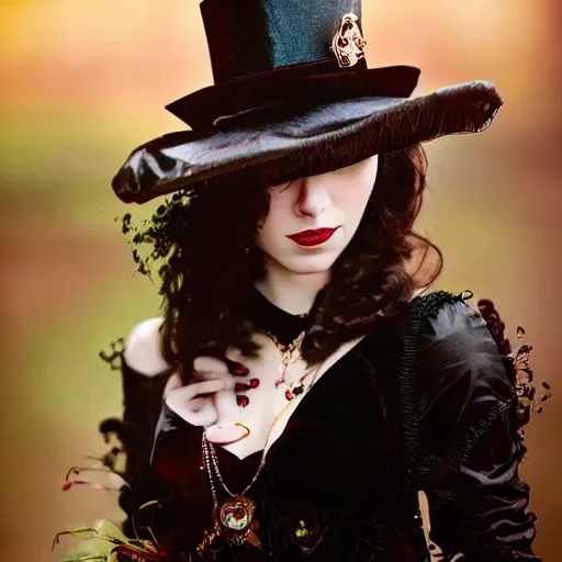 Image similar to A beautiful portrait of a lady vampire, steampunk, photography, 35mm, depth of field, bokeh, soft light, cinematic, steve mccurry