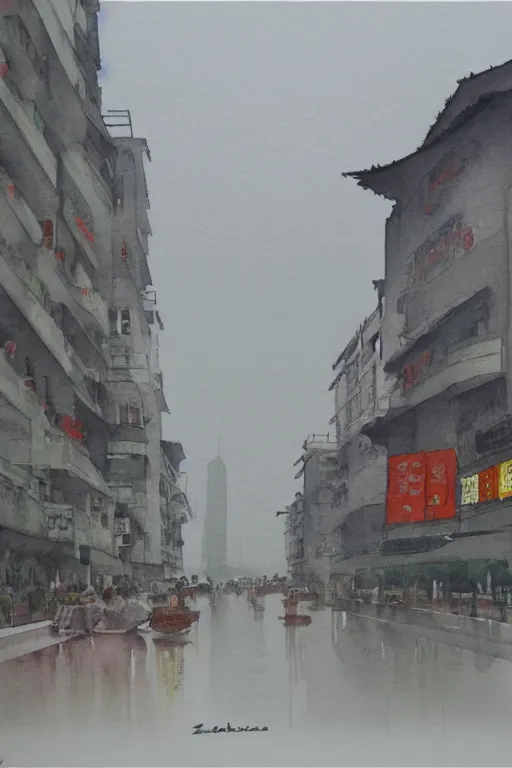 Image similar to A watercolor depicting an empty Xujiahui, gloomy weather, high contrast, smooth, by Joseph Zbikowicz, 8k