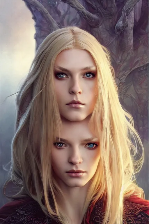 Prompt: portrait of a blonde elven mage, dark, piercing eyes, gentle expression, elegant clothing, photorealistic, highly detailed, artstation, smooth, sharp focus, art by michael whelan, artgerm, greg rutkowski and alphonse mucha