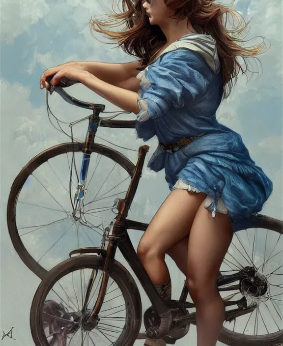 Image similar to portrait of barbara palvin riding a bicycle in denim shorts, side view, intricate, elegant, highly detailed, digital painting, artstation, concept art, art by artgerm and greg rutkowski and alphonse mucha