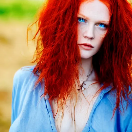 Prompt: Close up 35mm nikon photo of the left side of the head of a redhead photomodel with gorgeous blue eyes and wavy long red hair, who looks directly at the camera. Whole head visible and covers half of the frame,.