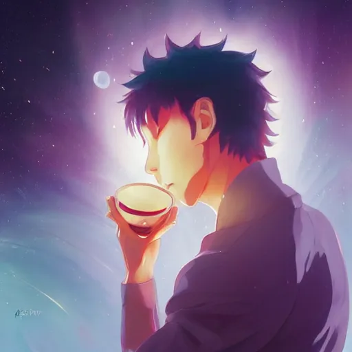 Image similar to A man drinking a cup of cosmic energy bright light, illustration, anime style, Artgerm, 4k, digital art, surreal, anime style, space dandy style, highly detailed, godsend, artstation, digital painting, concept art, smooth, sharp focus, illustration by Ruan Jia and Mandy Jurgens and William-Adolphe Bouguereau, Artgerm