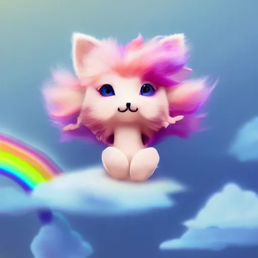 Image similar to cutest tiny fantasy cloud animal, with sprouting rainbow hair, hd, japanese anime artist drawn, dlsr, dream animal cute eyes, trending on artstation, cotton candy, octane render, cinematic