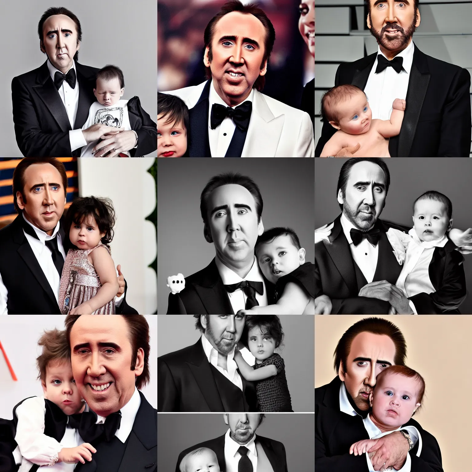 Prompt: nicolas cage with tiny baby body dressed in a tuxedo, in his mother's arms with adult face, maternal photography 4 k