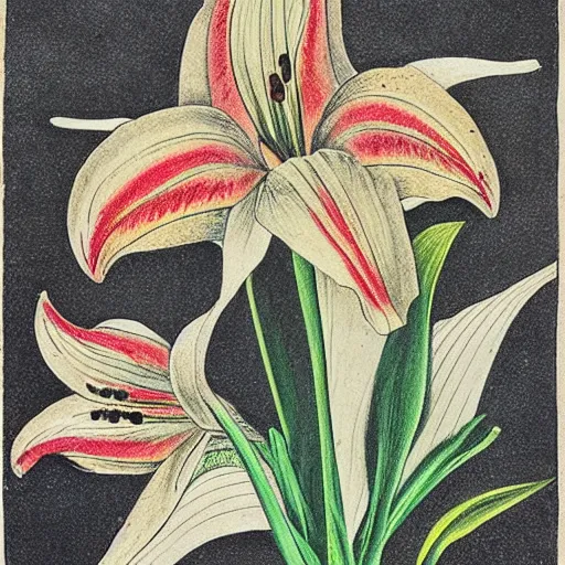 Image similar to “antique, hand-colored lithograph of a lily, by Elizabeth Twinning”