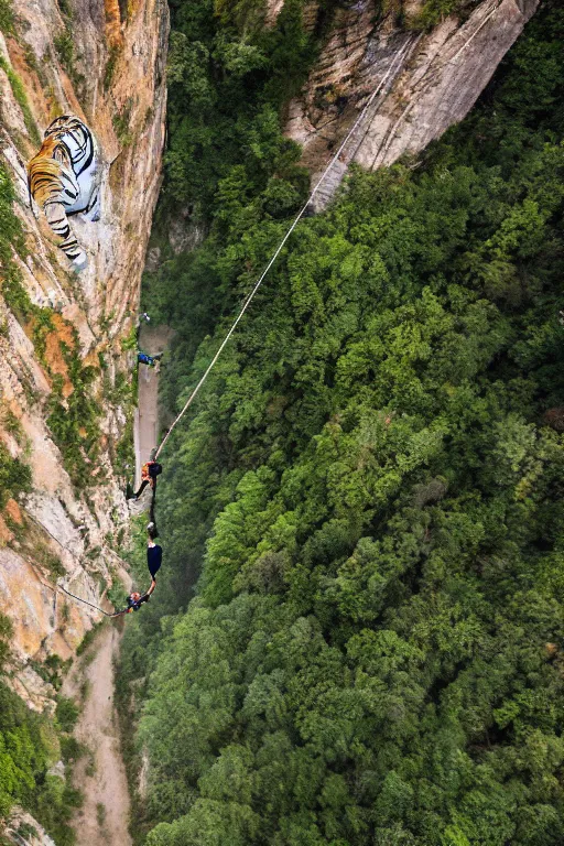 Image similar to bungee jump of a tiger flying with a large parachute jumping from a mountain cliff, wide angles lens