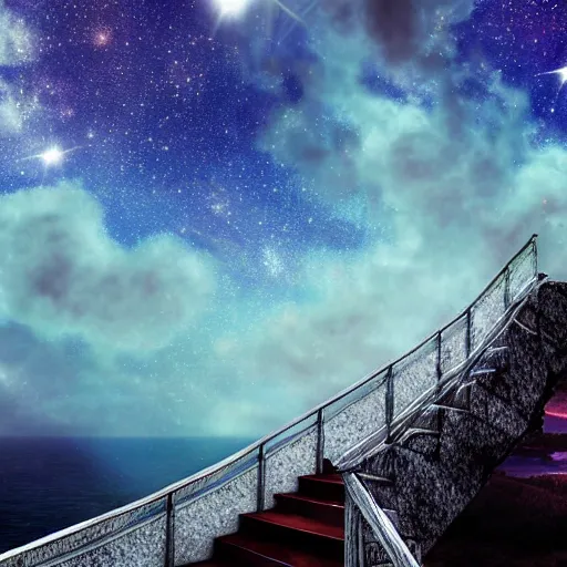 Prompt: a stairway of cosmic water flowing, fantasy, dusk, starry sky, hd, fantasy, 4 k