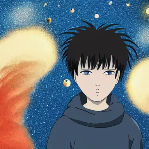 Image similar to Spirited away dark blonde guy with blue eyes in space