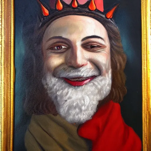 Prompt: man with red eyes and a crown grinning, oil painting