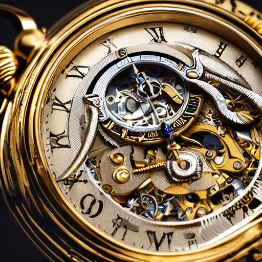 Prompt: a macro photo of a gold and silver mechanical pocketwatch, close - up, intricately detailed engravings, intricately detailed markings, intricate textures, warm lighting, vivid colors, realistic octane render, hyper realistic render, volumetric shading, depth of field, raytracing, 8 k,