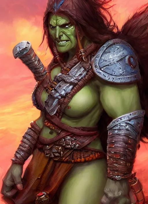 Prompt: female orc barbarian, ultra detailed fantasy, dndbeyond, bright, colourful, realistic, dnd character portrait, full body, pathfinder, pinterest, art by ralph horsley, dnd, rpg, lotr game design fanart by concept art, behance hd, artstation, deviantart, hdr render in unreal engine 5