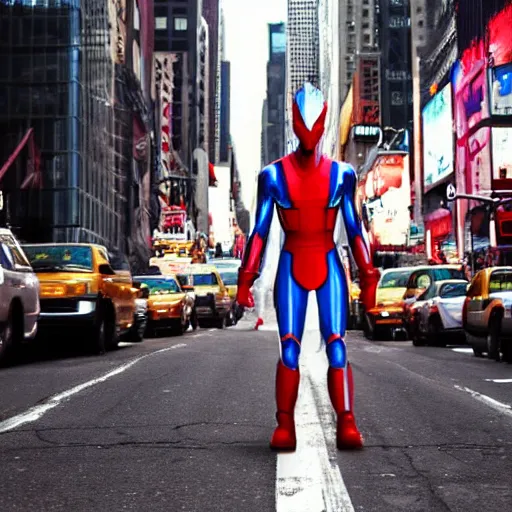 Prompt: giant ultraman walking on new york street!, cinematic,