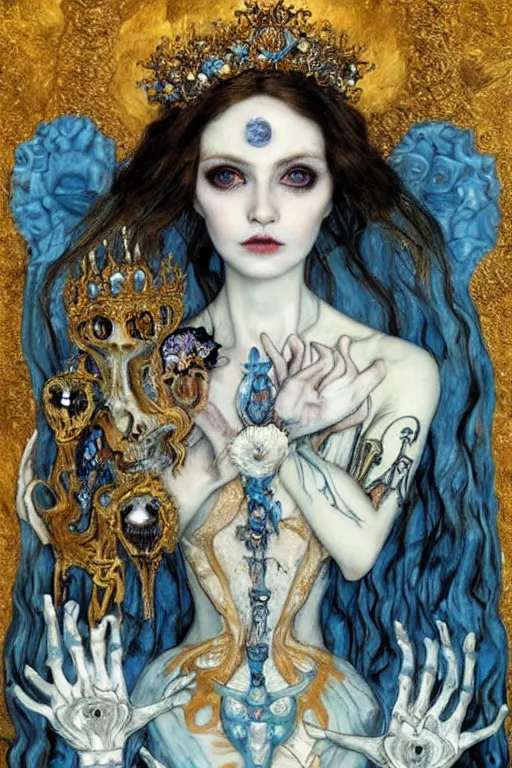 Image similar to The Princess of Bones by Karol Bak, Jean Deville, Gustav Klimt, and Vincent Van Gogh, portrait of a porcelain doll princess wearing a crown, porcelain ball-joint doll face with blue painted tattoos, pale blue eyes, mystic eye, otherworldly, crown made of bones, ornate jeweled crown, skulls, fractal structures, arcane, inscribed runes, infernal relics, ornate gilded medieval icon, third eye, spirals, rich deep moody colors