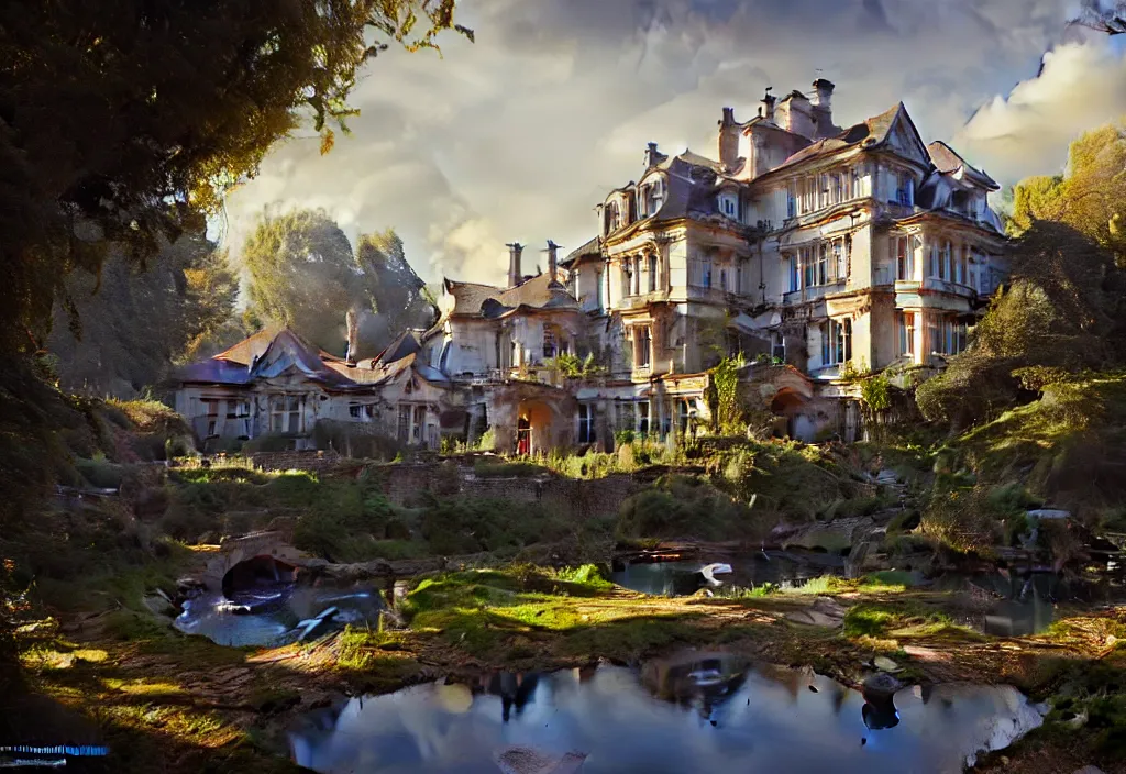 Prompt: a large georgian manor house with a gravel path and small fishpond, cinematic view, blue sky, detailed, concept art, high angle, high detail, warm lighting, volumetric, vivid, trending on artstation, by jordan grimmer, art greg rutkowski