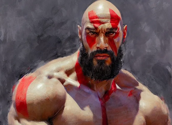 Image similar to a highly detailed beautiful portrait of the rock as kratos, by gregory manchess, james gurney, james jean