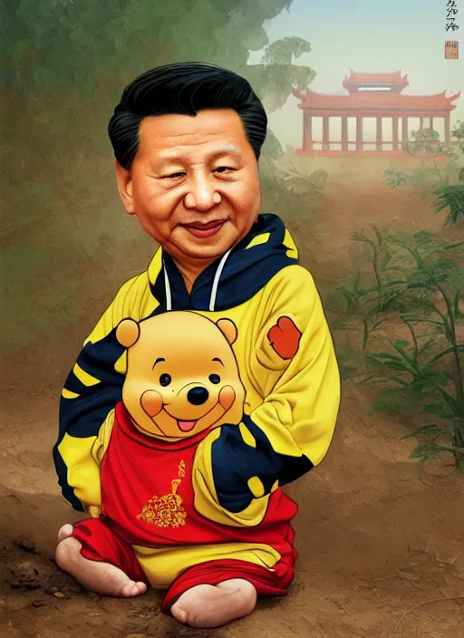 Image similar to portrait of Xi Jinping wearing a Winnie the Pooh onesie in a trashy Chinese dirt poor landfill, hungry, beta weak male, digital painting, concept art, smooth, sharp focus, illustration, from Slumdog Millionaire, by Ruan Jia and Mandy Jurgens and William-Adolphe Bouguereau, Artgerm