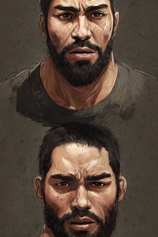 Image similar to very detailed portrait of a rugged man in his early thirties, strong jaws, latino features, wearing a black t - shirt, earthy color scheme, by wlop and krenz cushart and artem demura and artgerm, historical fiction, detailed eyes, starry background, trending, on artstation.