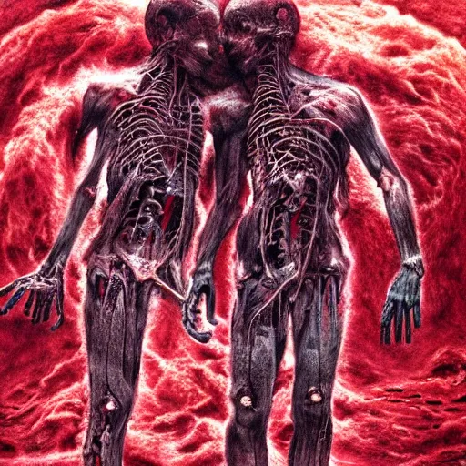 Image similar to Ryan Gosling twins emerging from corpses in a red hellscape covered in blood by Yoshitaka Amano, by HR Giger, full body wide shot, biomechanical, 4k, hyper detailed, hyperrealism, anime, red sky, blood and body parts, deviantart, artstation