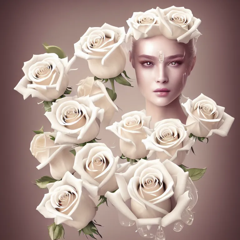 Prompt: wonderful symmetrical princess with a clear skin ornate of cream liquid semi transparent white roses, 8 k gorgeous delicate cream detailed, accent white lighting, dramatic light, octane render