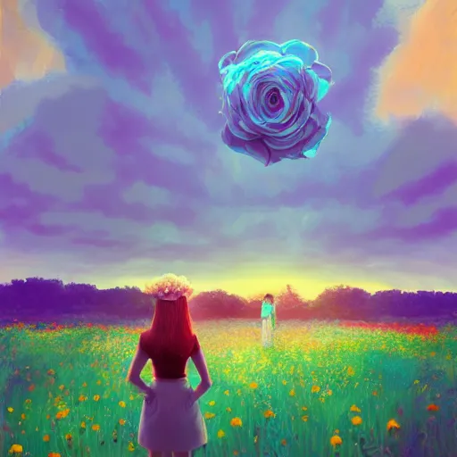 Image similar to giant rose flower head, full body girl standing in a flower field, surreal photography, sunrise, dramatic light, impressionist painting, colorful clouds, digital painting, artstation, simon stalenhag