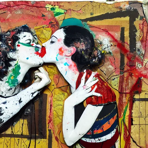 Prompt: two women kissing at a carnival in a war zone, mixed media collage, retro, paper collage, magazine collage, acrylic paint splatters, bauhaus, claymation, layered paper art, sapphic visual poetry expressing the utmost of desires by jackson pollock