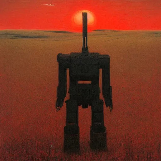 Prompt: a giant robot standing in a field at sunset by Beksinski