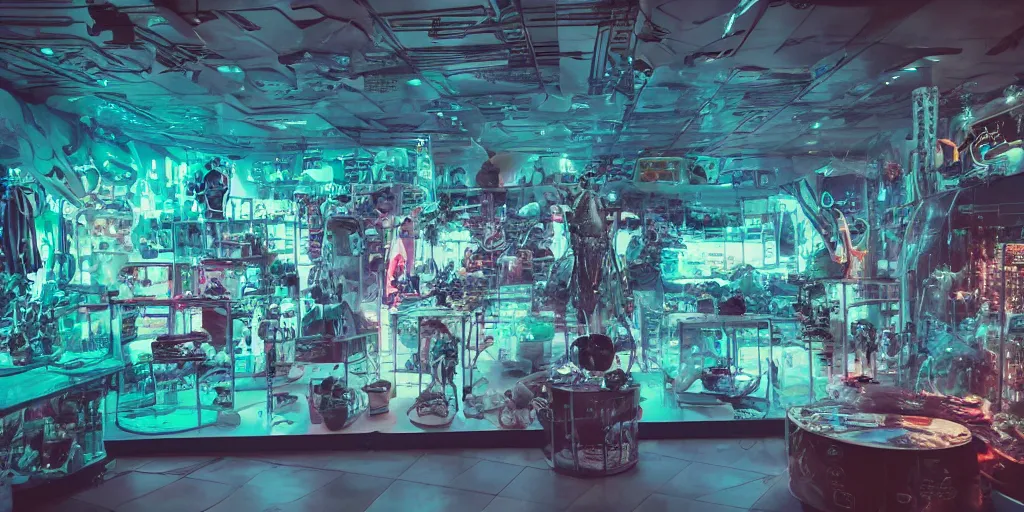 Prompt: a photo of a dirty alien shop, futuristic, holographic, 8k, sharp focus, Fujifilm