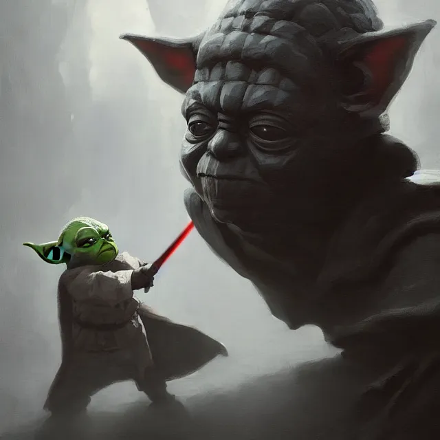 Image similar to a painting of yoda fighting darth vader by greg rutkowski, dark fantasy art, high detail, trending on artstation