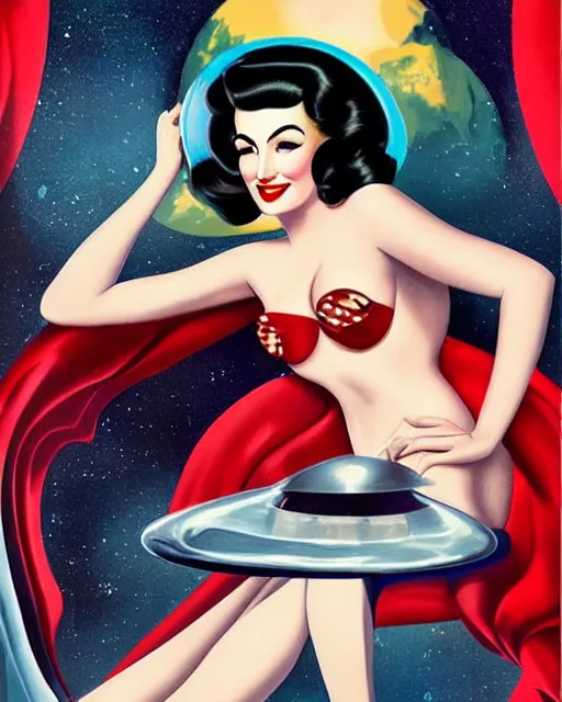 Prompt: retrofuturistic pinup model dita von teese as a varga girl posing on a space ship, in the style of anna dittmann and and alberto vargas.